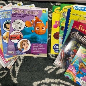 Lot of 13: learning workbooks, coloring books, short stories etc Disney, Marvel